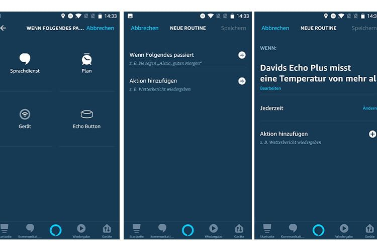 Links: Auswahl des Gerätes mit Temperatursensor (Schritt 3). Mitte: Erstellen der Aktion, die die Routine auslöst (Schritt 6). Rechts: Aktion auswählen, die ausgeführt werden soll (Schritt 11) Links: Auswahl des Gerätes mit Temperatursensor (Schritt 3). Mitte: Erstellen der Aktion, die die Routine auslöst (Schritt 6). Rechts: Aktion auswählen, die ausgeführt werden soll (Schritt 11)