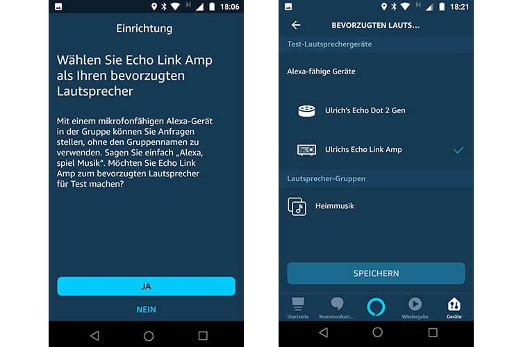 Einmal als bevorzugter Lautsprecher ausgewählt, leitet Alexa die Audio-Ausgabe an Echo Link Amp weiter Einmal als bevorzugter Lautsprecher ausgewählt, leitet Alexa die Audio-Ausgabe an Echo Link Amp weiter