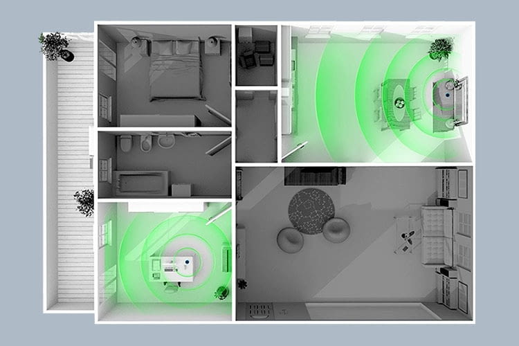 In einer Multiroom-Umgebung spielen mehrere Amazon Echos den gleichen Musikstream In einer Multiroom-Umgebung spielen mehrere Amazon Echos den gleichen Musikstream