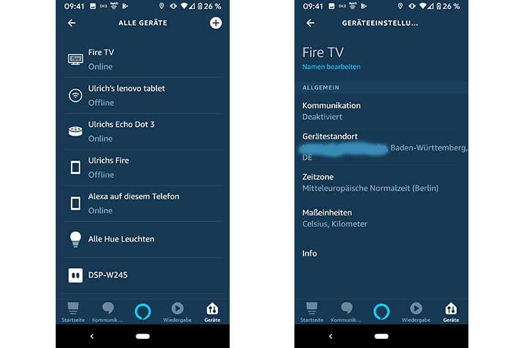 Fire TV einrichten: In der Alexa App Geräteübersicht Fire TV auswählen und dann Kommunikation und Zeitzone festlegen Fire TV einrichten: In der Alexa App Geräteübersicht Fire TV auswählen und dann Kommunikation und Zeitzone festlegen