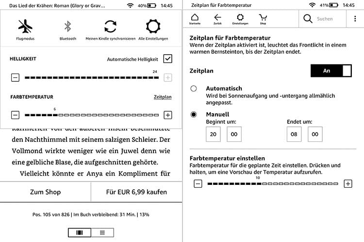 Für die Einstellung der Farbtemperatur des Amazon Kindle Oasis E-Book-Readers lässt sich auch ein Zeitplan erstellen Für die Einstellung der Farbtemperatur des Amazon Kindle Oasis E-Book-Readers lässt sich auch ein Zeitplan erstellen