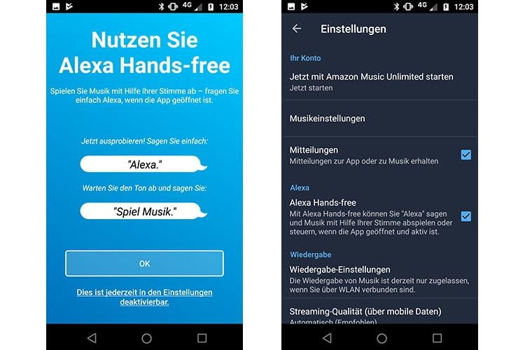 Nach dem Amazon Music App-Update begrüßt die App den Nutzer mit dem Hands-free-Hinweis Nach dem Amazon Music App-Update begrüßt die App den Nutzer mit dem Hands-free-Hinweis