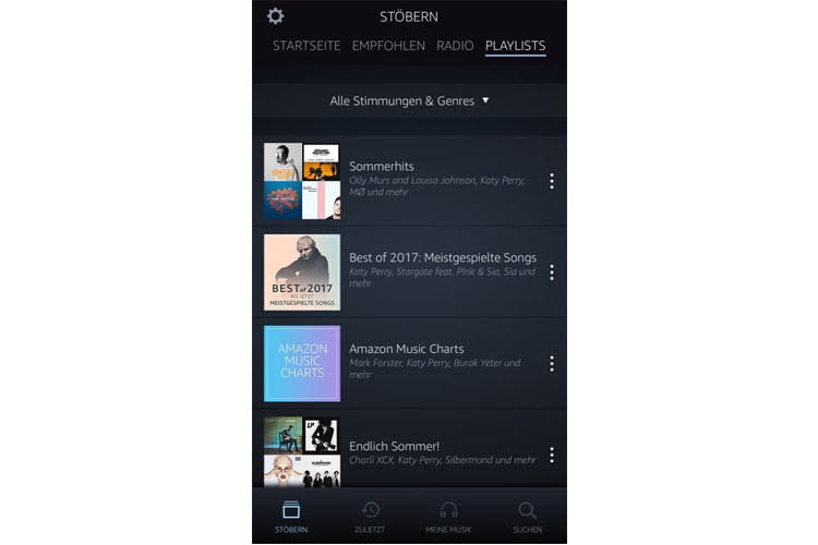Lediglich vier Icons finden sich im unteren Hauptmenü der Amazon Music App Lediglich vier Icons finden sich im unteren Hauptmenü der Amazon Music App