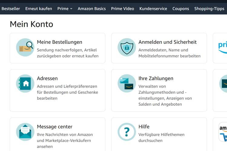 Hier sind die Unterrubriken der Kundenkonto-Einstellungen zu sehen Hier sind die Unterrubriken der Kundenkonto-Einstellungen zu sehen