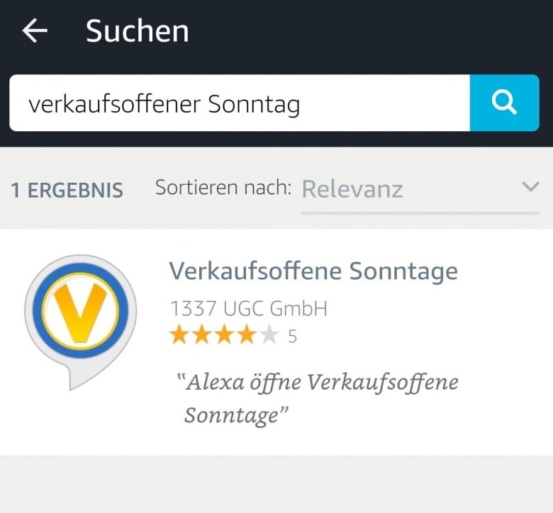 Der Verkaufsoffene Sonntage Skill lässt sich über die Alexa App im Amazon Skill Store herunterladen Der Verkaufsoffene Sonntage Skill lässt sich über die Alexa App im Amazon Skill Store herunterladen