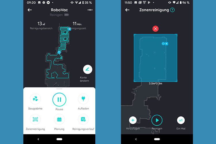 eufy L70 bearbeitet immer jeweils 10 qm große Flächen am Stück (li.), für einzelne Zimmer eignet sich die Zonenreinigung (re.) eufy L70 bearbeitet immer jeweils 10 qm große Flächen am Stück (li.), für einzelne Zimmer eignet sich die Zonenreinigung (re.)