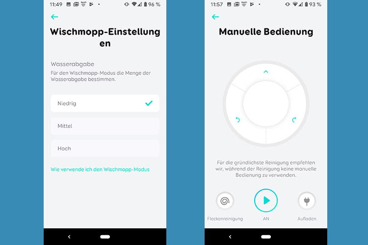 Die Intensität des Moppens oder Saugens lässt sich per App regulieren. Auch eine manuelle Steuerung ist via App möglich Die Intensität des Moppens oder Saugens lässt sich per App regulieren. Auch eine manuelle Steuerung ist via App möglich