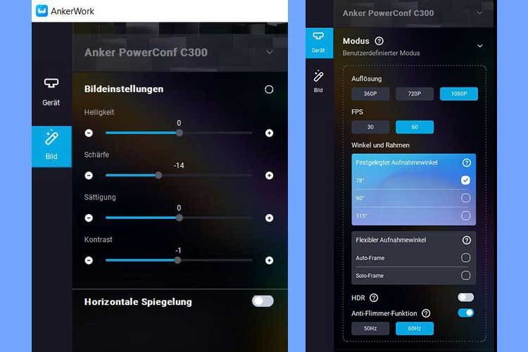 Anker hat eine eigene Software für die Anker PowerConf C300 Webcam entwickelt, die zahlreiche Einstellungen ermöglicht Anker hat eine eigene Software für die Anker PowerConf C300 Webcam entwickelt, die zahlreiche Einstellungen ermöglicht