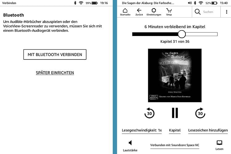 Ist der neue Kindle von Amazon mit einem Bluetooth-Kopfhörer verbunden, lassen sich auch Audible Hörbücher anhören Ist der neue Kindle von Amazon mit einem Bluetooth-Kopfhörer verbunden, lassen sich auch Audible Hörbücher anhören