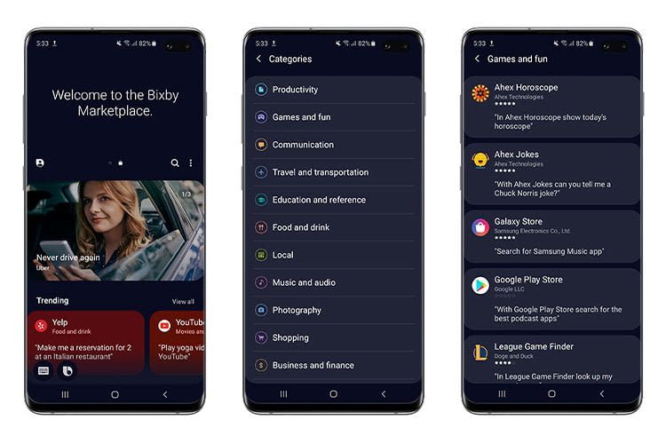 Im Bixby Marketplace sind die Capsules nach Kategorien geordnet Im Bixby Marketplace sind die Capsules nach Kategorien geordnet