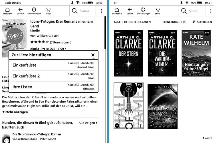 Bücher lassen sich einfach direkt im Amazon Kindle 2019 kaufen, die Bibliothek wird übersichtlich dargestellt Bücher lassen sich einfach direkt im Amazon Kindle 2019 kaufen, die Bibliothek wird übersichtlich dargestellt