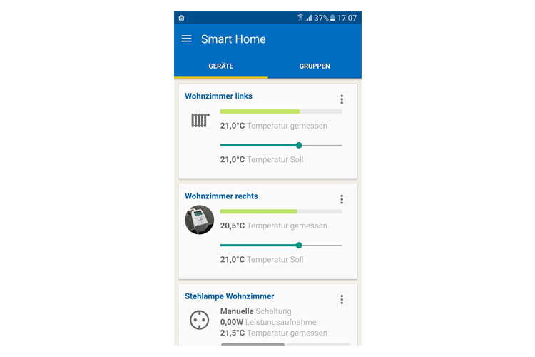 Mit der Smartphone App lassen sich alle Thermostate übersichtlich steuern Mit der Smartphone App lassen sich alle Thermostate übersichtlich steuern