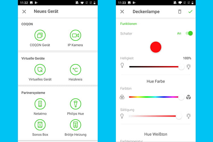 Die Integration von Dritthersteller-Lösungen wie Phlips Hue war im Test von COQON spielend einfach Die Integration von Dritthersteller-Lösungen wie Phlips Hue war im Test von COQON spielend einfach