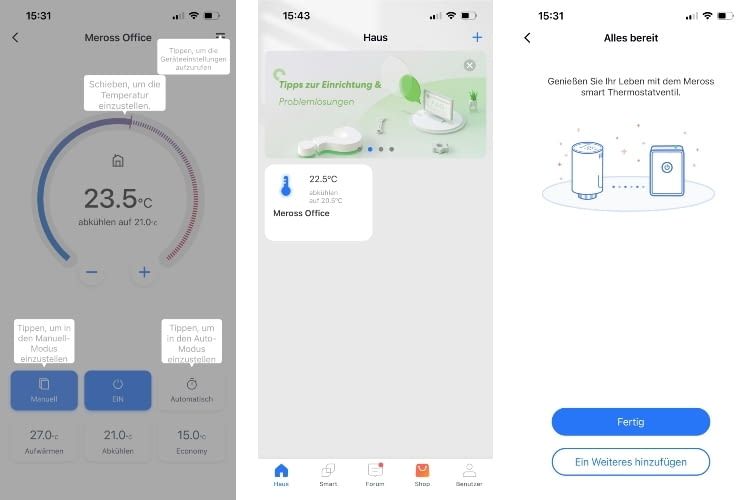 Über die App werden die verschiedenen Funktionen des Meross Thermostats gesteuert Über die App werden die verschiedenen Funktionen des Meross Thermostats gesteuert