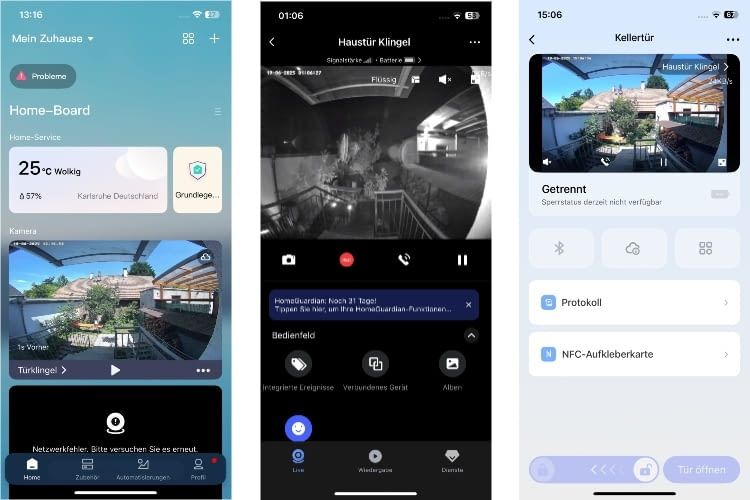 Ansicht in der Aqara App bei Taag und Nacht und auf das Menü des U200 Lite mit der gekoppelten Türklingel Ansicht in der Aqara App bei Taag und Nacht und auf das Menü des U200 Lite mit der gekoppelten Türklingel