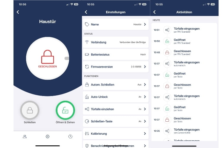 In der App lässt sich das Schloss öffnen, einstellen und das Protokoll einsehen In der App lässt sich das Schloss öffnen, einstellen und das Protokoll einsehen