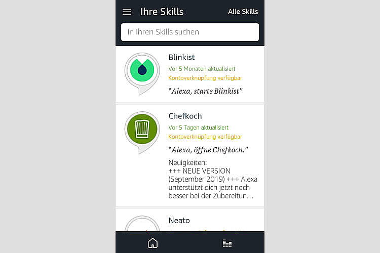 Alle bereits aktivierten Skills sind in der Alexa App einsehbar Alle bereits aktivierten Skills sind in der Alexa App einsehbar