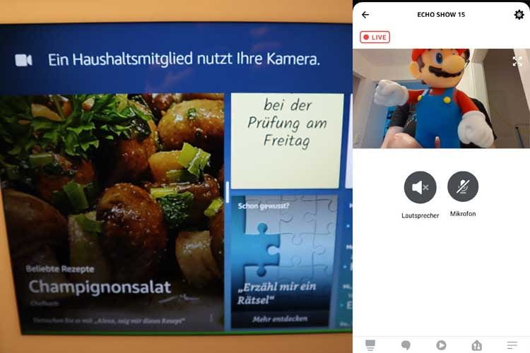 Greifen Familienmitglieder auf die Kamera von Echo Show zu, wird das am Startdisplay angezeigt Greifen Familienmitglieder auf die Kamera von Echo Show zu, wird das am Startdisplay angezeigt