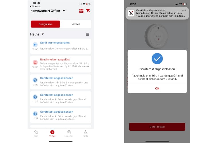 In der App lassen sich auch Protokolle einsehen und jederzeit Tests mit den Rauchmeldern durchführen In der App lassen sich auch Protokolle einsehen und jederzeit Tests mit den Rauchmeldern durchführen