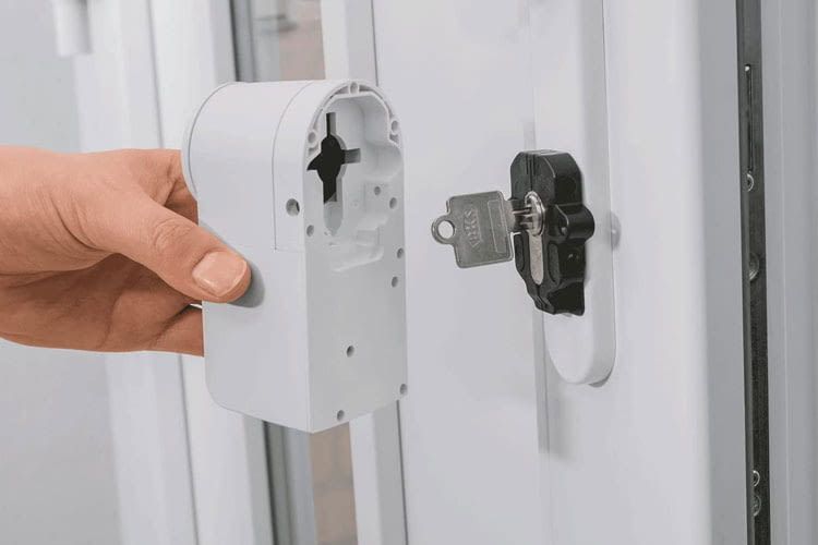 Der eqiva Türschlossantrieb wird einfach auf den Schließzylinder gesetzt, in dem der Schlüssel steckt Der eqiva Türschlossantrieb wird einfach auf den Schließzylinder gesetzt, in dem der Schlüssel steckt