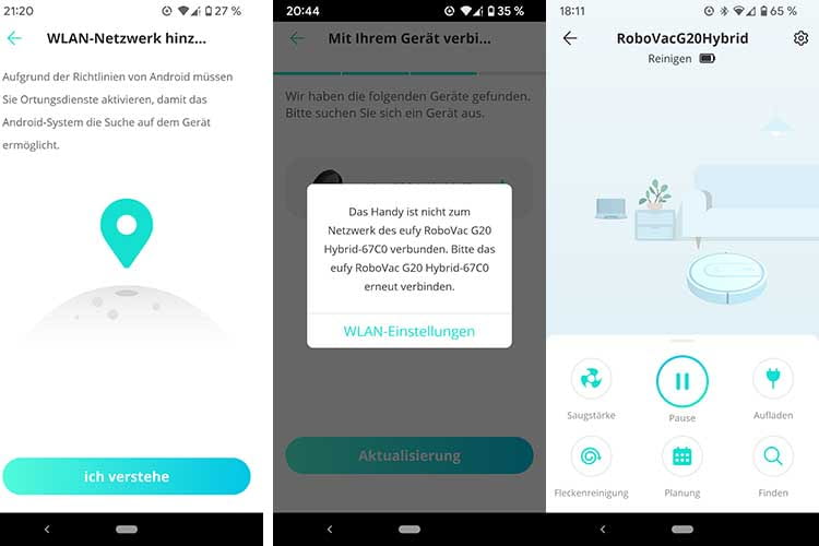Die Installation von eufy RoboVac G20 Hybrid verlief nicht ganz reibungslos. Einmal installiert begrüßt ein aufgeräumtes Menü (re.) Die Installation von eufy RoboVac G20 Hybrid verlief nicht ganz reibungslos. Einmal installiert begrüßt ein aufgeräumtes Menü (re.)