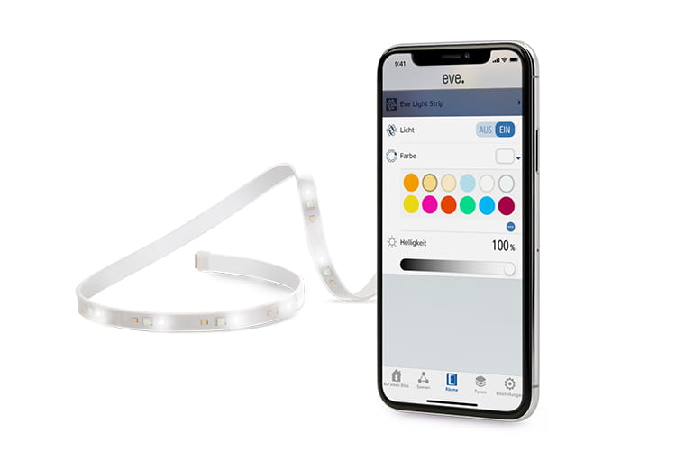 Per Smartphone lässt sich die Farbeinstellung des Eve Light Strip mit der Eve-App ganz einfach vornehmen Per Smartphone lässt sich die Farbeinstellung des Eve Light Strip mit der Eve-App ganz einfach vornehmen
