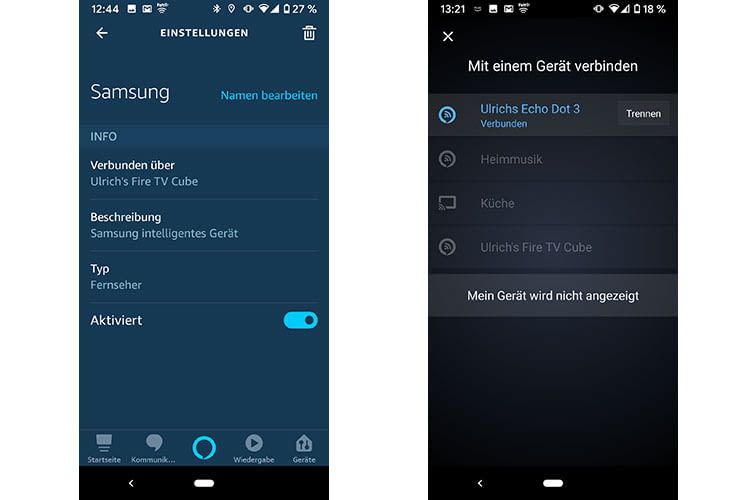Wichtig: Den TV in der Alexa App aktivieren und mit Fire TV Cube verbinden (li.) und in der Amazon Music App auf Fire TV Cube umstellen (re.) Wichtig: Den TV in der Alexa App aktivieren und mit Fire TV Cube verbinden (li.) und in der Amazon Music App auf Fire TV Cube umstellen (re.)