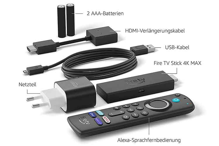Im Lieferumfang von Amazon Fire TV Stick Max ist alles enthalten, was man zum sofortigen Loslegen benötigt Im Lieferumfang von Amazon Fire TV Stick Max ist alles enthalten, was man zum sofortigen Loslegen benötigt