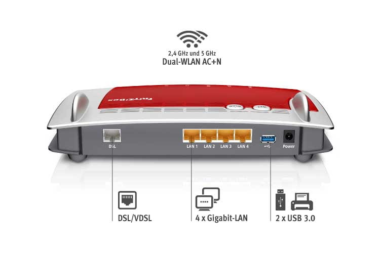 Übre die vier Gigabit-LAN Anschlüsse auf der Rückseite können Geräte wie ein Smart TV per Kabel mit dem Internet verbunden werden Übre die vier Gigabit-LAN Anschlüsse auf der Rückseite können Geräte wie ein Smart TV per Kabel mit dem Internet verbunden werden