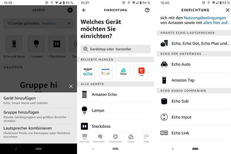 Neue Amazon Echo-Geräte können dem Nutzerkonto einfach in der Alexa App hinzugefügt werden. Im Bild: Schritt 4 bis 6 Neue Amazon Echo-Geräte können dem Nutzerkonto einfach in der Alexa App hinzugefügt werden. Im Bild: Schritt 4 bis 6
