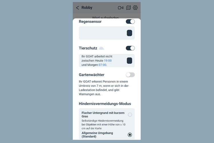 Hier sind die praktischen Zusatzfunktionen des Mähroboters in der App zu sehen Hier sind die praktischen Zusatzfunktionen des Mähroboters in der App zu sehen