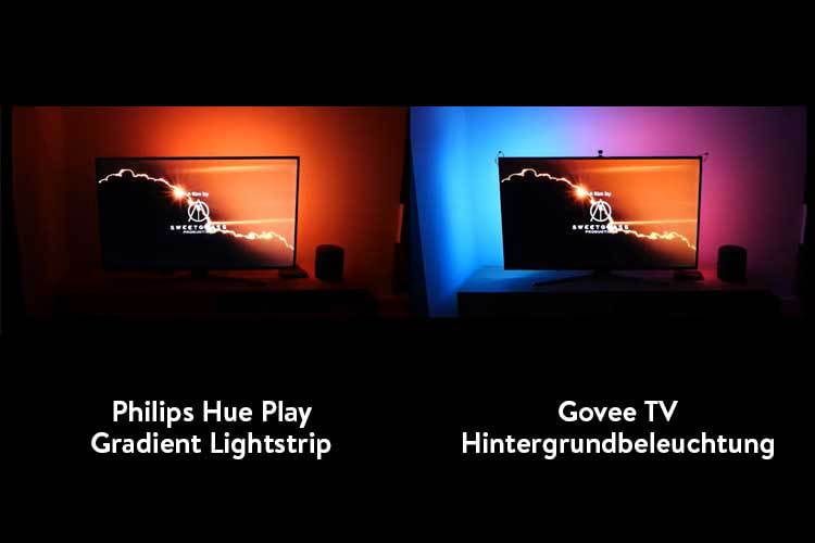 Wir haben die Govee TV-Hintergrundbeleuchtung mit der deutlich teureren Ambilight-Lösung mit Philips Hue verglichen Wir haben die Govee TV-Hintergrundbeleuchtung mit der deutlich teureren Ambilight-Lösung mit Philips Hue verglichen