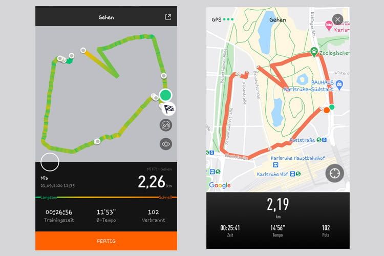 In der App zum Xiaomi Mi Band 5 gibt es viele Auswertungen, z.B. die visuelle Darstellung des GPS-Trackings In der App zum Xiaomi Mi Band 5 gibt es viele Auswertungen, z.B. die visuelle Darstellung des GPS-Trackings