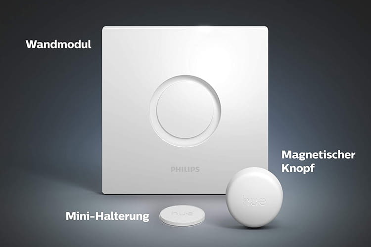Der Philips Hue Smart Button Lieferumfang besteht aus drei Komponenten Der Philips Hue Smart Button Lieferumfang besteht aus drei Komponenten