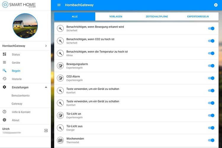 Überblick: Alle Smart Home-Regeln lassen sich beim SMART HOME by hornbach übersichtlich anzeigen Überblick: Alle Smart Home-Regeln lassen sich beim SMART HOME by hornbach übersichtlich anzeigen