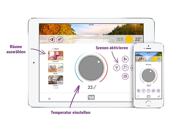 Mit der heatapp! App lässt sich die Temperatur für sämtliche Räume einstellen Mit der heatapp! App lässt sich die Temperatur für sämtliche Räume einstellen
