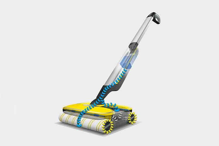 Der Wasserkreislauf des Kärcher FC 7 Cordless Akku-Wischers beginnt oben im Frischwassertank und endet im Schmutzwassertank Der Wasserkreislauf des Kärcher FC 7 Cordless Akku-Wischers beginnt oben im Frischwassertank und endet im Schmutzwassertank