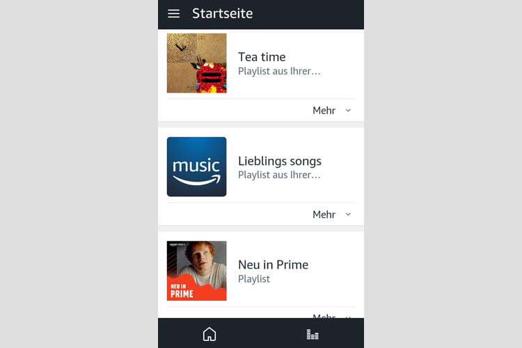 Auch über die Startseite der Alexa App lassen sich zuletzt aufgerufene Playlisten einsehen Auch über die Startseite der Alexa App lassen sich zuletzt aufgerufene Playlisten einsehen