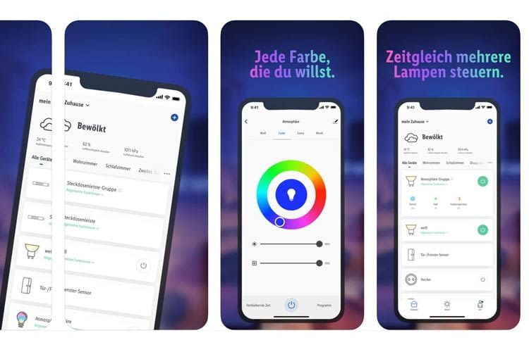 Über die Lidl App lassen sich z. B. die Leuchtfarben vernetzter smarter Lampen ändern Über die Lidl App lassen sich z. B. die Leuchtfarben vernetzter smarter Lampen ändern