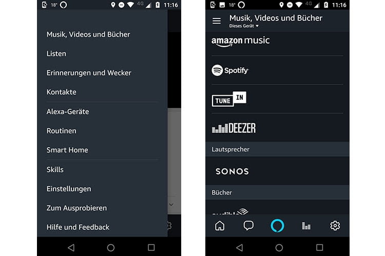 Über das Hauptmenü in der Alexa-App gelangt man zu den verfügbaren Streaming-Diensten Über das Hauptmenü in der Alexa-App gelangt man zu den verfügbaren Streaming-Diensten