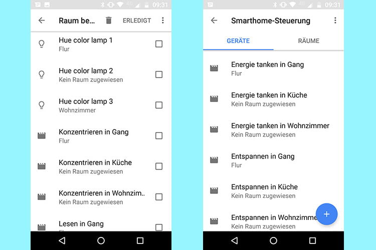 Im Menüpunkt Smarthome-Steuerung der Google Home App können die Philips Hue Lichtszenen eingerichtet werden Im Menüpunkt Smarthome-Steuerung der Google Home App können die Philips Hue Lichtszenen eingerichtet werden