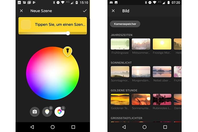 Philips Hue App 3.0: Ein Tipp auf das Kamerasymbol unten links führt zu über 30 neuen Lichtszene-Bildern Philips Hue App 3.0: Ein Tipp auf das Kamerasymbol unten links führt zu über 30 neuen Lichtszene-Bildern