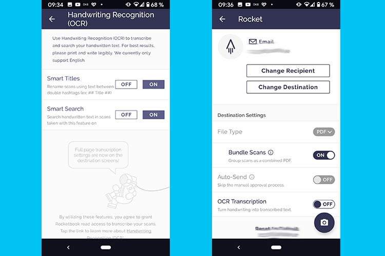 OCR oder Bundle Scans für mehrseitige PDFs lassen sich in der Rocketbook App einstellen OCR oder Bundle Scans für mehrseitige PDFs lassen sich in der Rocketbook App einstellen