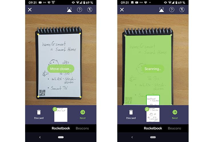 Die Rocketbook App scannt die Seite automatisch ein und wandelt diese auf Wunsch in ein PDF um Die Rocketbook App scannt die Seite automatisch ein und wandelt diese auf Wunsch in ein PDF um