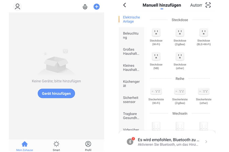 In der Smart Life App können Nutzer Geräte entweder manuell, automatisch oder per QR-Code integrieren In der Smart Life App können Nutzer Geräte entweder manuell, automatisch oder per QR-Code integrieren