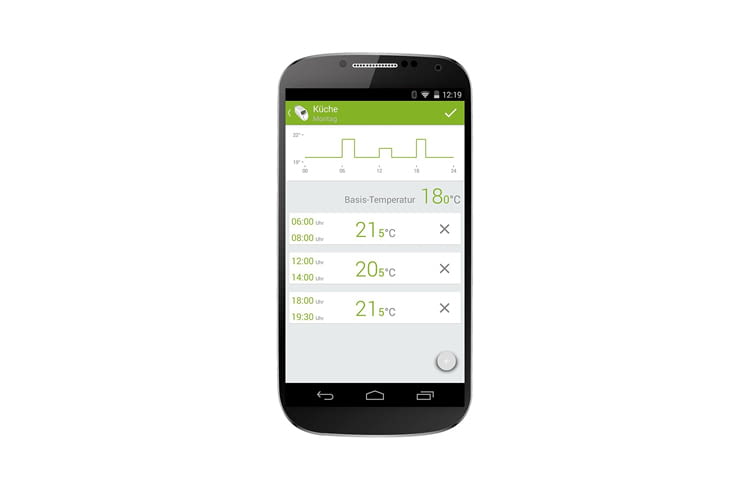 Per App lassen sich über den Tag verteilt verschiedene Temperaturen vorgeben Per App lassen sich über den Tag verteilt verschiedene Temperaturen vorgeben