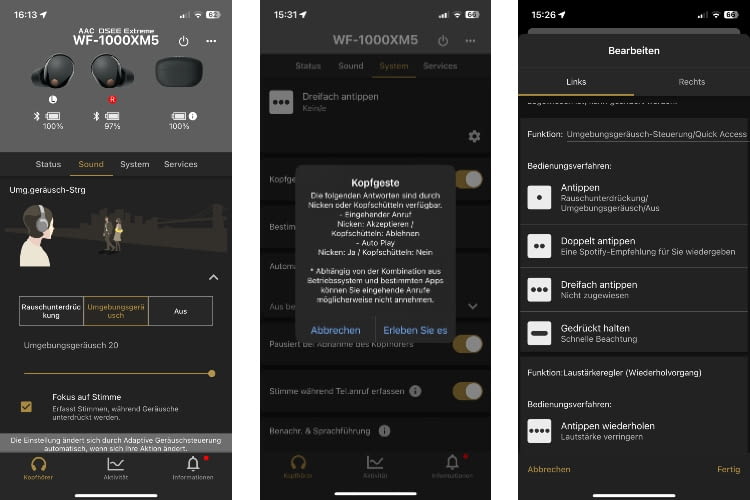 Die App bietet verschiedene Möglichkeiten zur Steuerung der Kopfhörerfunktionen Die App bietet verschiedene Möglichkeiten zur Steuerung der Kopfhörerfunktionen