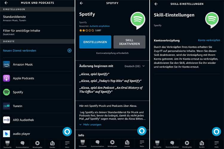 Über die Alexa App können Nutzer Spotify als Standarddienst festlegen und den Spotify Skill aktivieren Über die Alexa App können Nutzer Spotify als Standarddienst festlegen und den Spotify Skill aktivieren