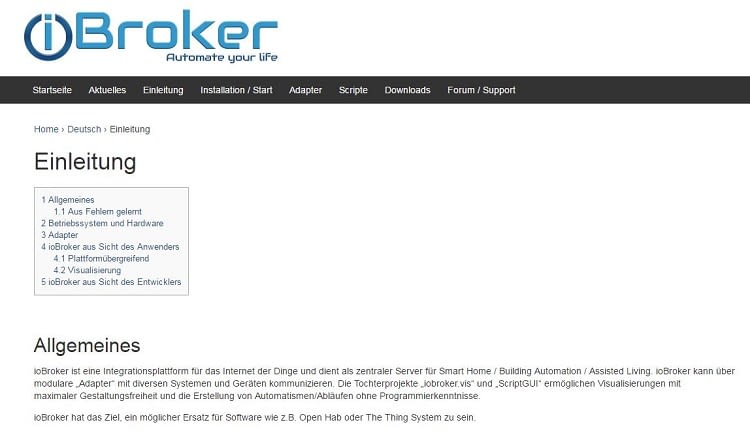 Startseite der IoBroker OpenSource-Plattform Startseite der IoBroker OpenSource-Plattform