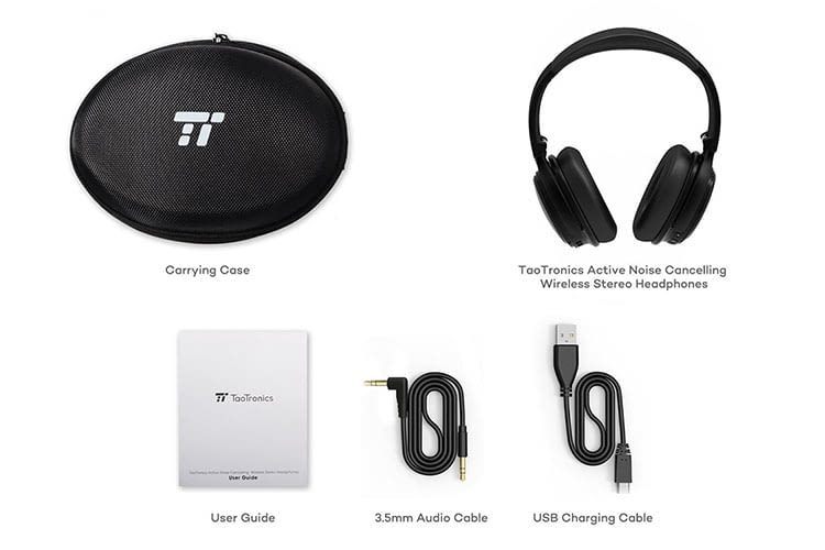Lieferumfang des TaoTronix TT-BH22 Bluetooth-Kopfhörers mit ANC Lieferumfang des TaoTronix TT-BH22 Bluetooth-Kopfhörers mit ANC